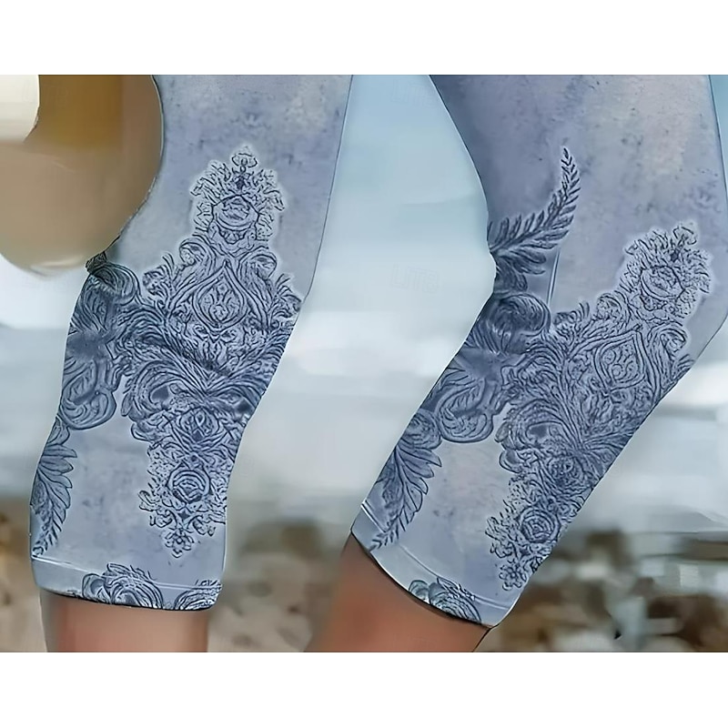 Women's Leggings Capri Pants High Elasticity Vacation Fashion Hawaiian Ankle-Length Mid Waist Floral Printing Thermal Warm Breathable Soft  Vacation Casual Daily Robin's Egg Blue Regular Fit2