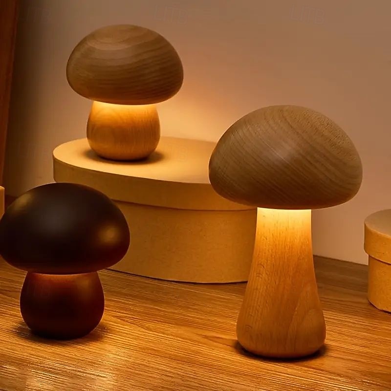 Dimmable LED Mushroom Table Lamp Touch Wooden Office Lamp USB Rechargeable Night Light Bedroom Home Cafe Office Decoration Birthday Gift3