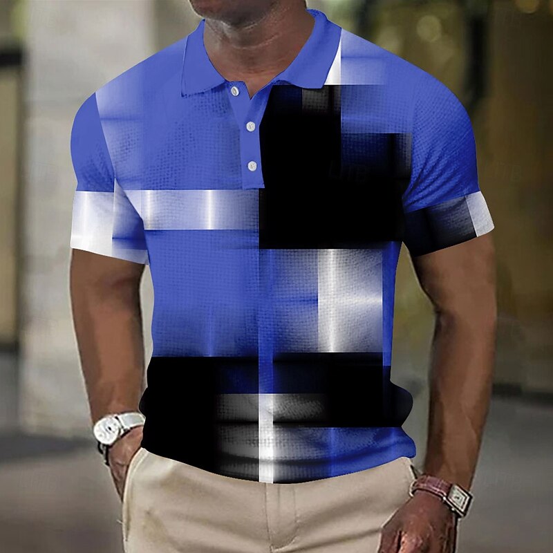 Men's Geometic Waffle Polo Shirts Short Sleeve Polo Shirts Collared Shirts Business Casual Business Athleisure Daily Wear Buttons 3D Print Summer Blue Brown Light Blue3