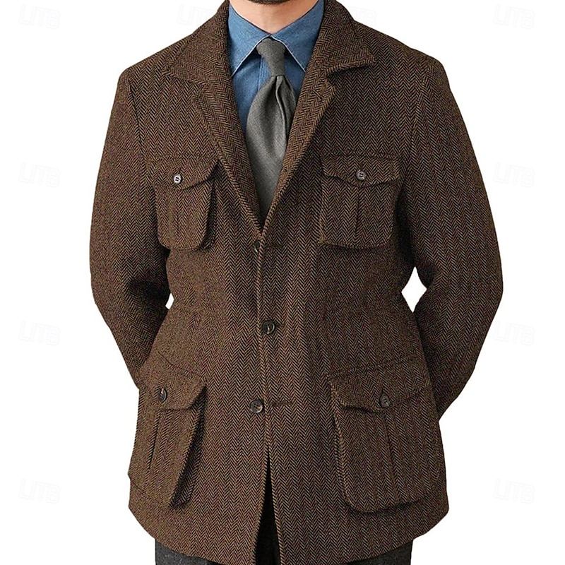Men's Tweed Blazer Notch Collar Retro Vintage Herringbone Blazer Navy Blue Brown Dark Grey Standard Fit Single Breasted Three-buttons2