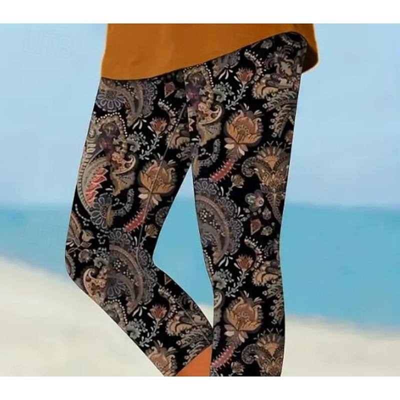 Women's Leggings Capri Pants High Elasticity Vacation Fashion Hawaiian Ankle-Length Mid Waist Floral Printing Thermal Warm Breathable Soft  Vacation Casual Daily Black Grey Summer Spring Regular Fit2