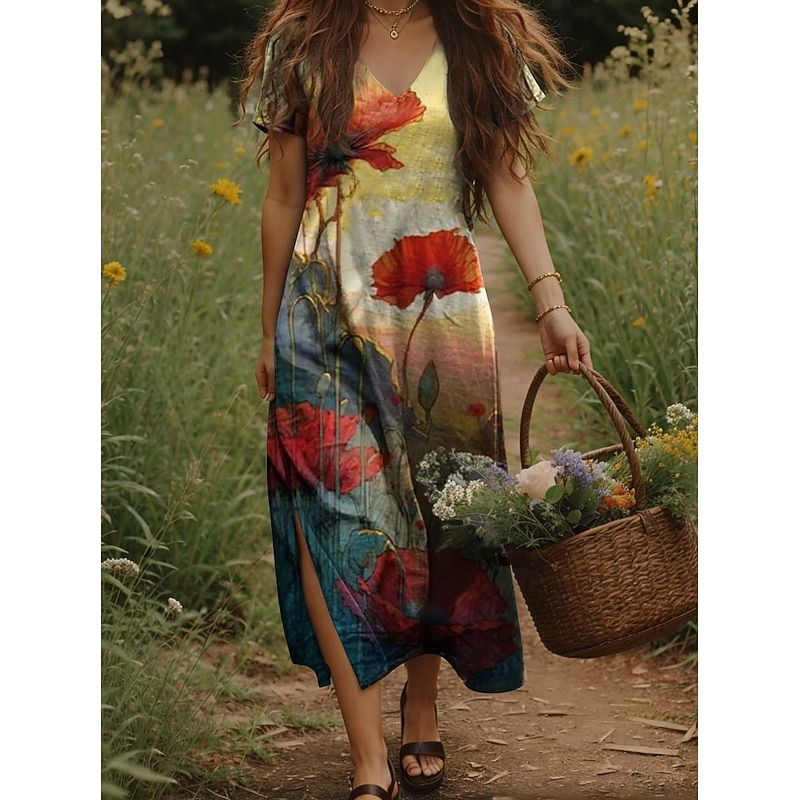 Women's Maxi Dress Casual Dress A Line Dress Bohemia Vacation Vintage Vacation Daily Regular Fit Floral Short Sleeve V Neck Yellow Purple Beige Summer Spring3