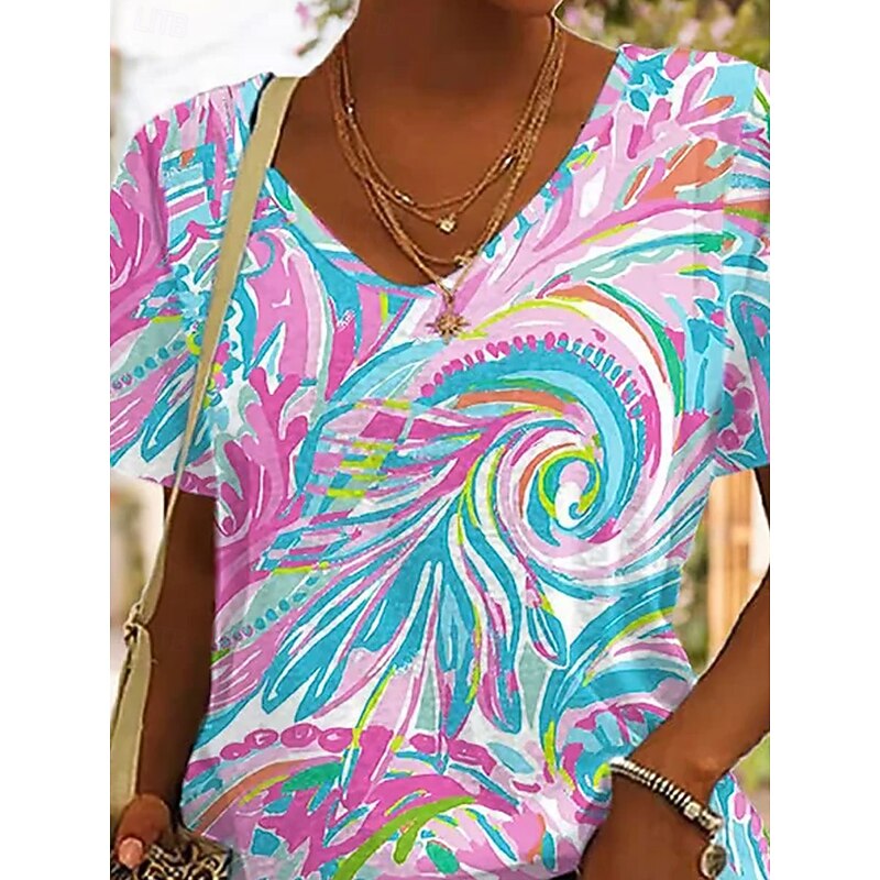 Women's T Shirt Color Block Casual Short Sleeve V Neck Regular Tops Daily Print Blue Summer2