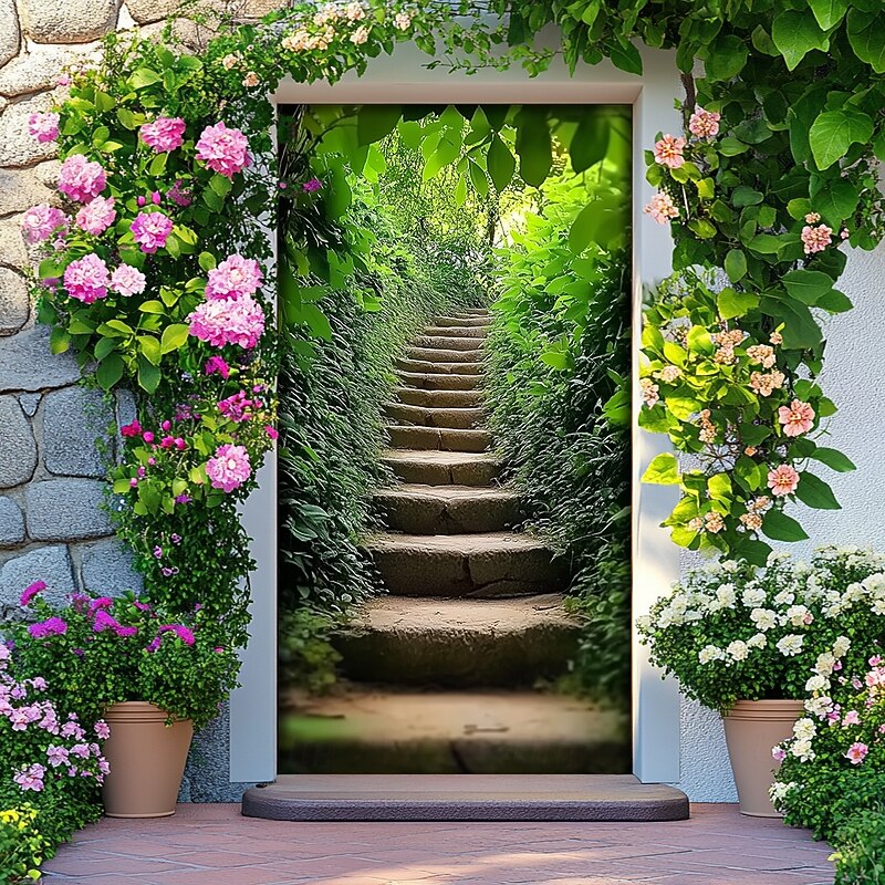 Landscape Door Decorations Door Covers Forest Stairs Door Tapestry Door Curtain Decoration Backdrop Indoor/Outdoor Door Banner for Front Door Farmhouse