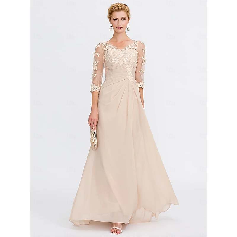 A-Line Mother of the Bride Dress Wedding Guest Elegant Plus Size See Through V Neck Floor Length Chiffon Half Sleeve with Appliques Side Draping4