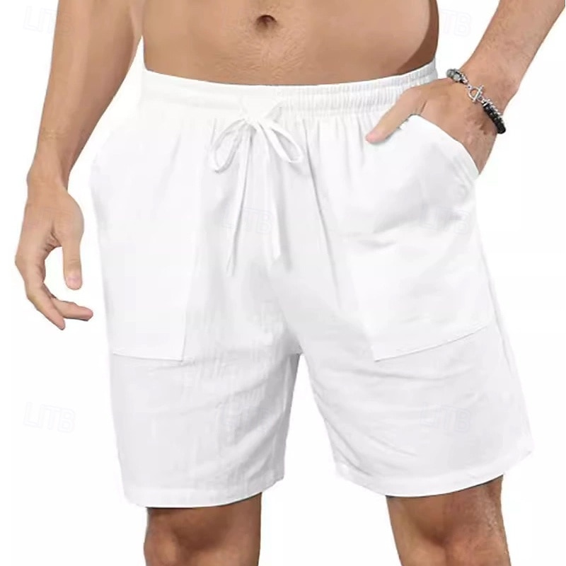 Men's Shorts Linen Shorts Summer Shorts Beach Shorts Drawstring Elastic Waist Front Pocket Plain Comfort Breathable Knee Length Outdoor Daily Holiday Fashion Classic Style Black White
