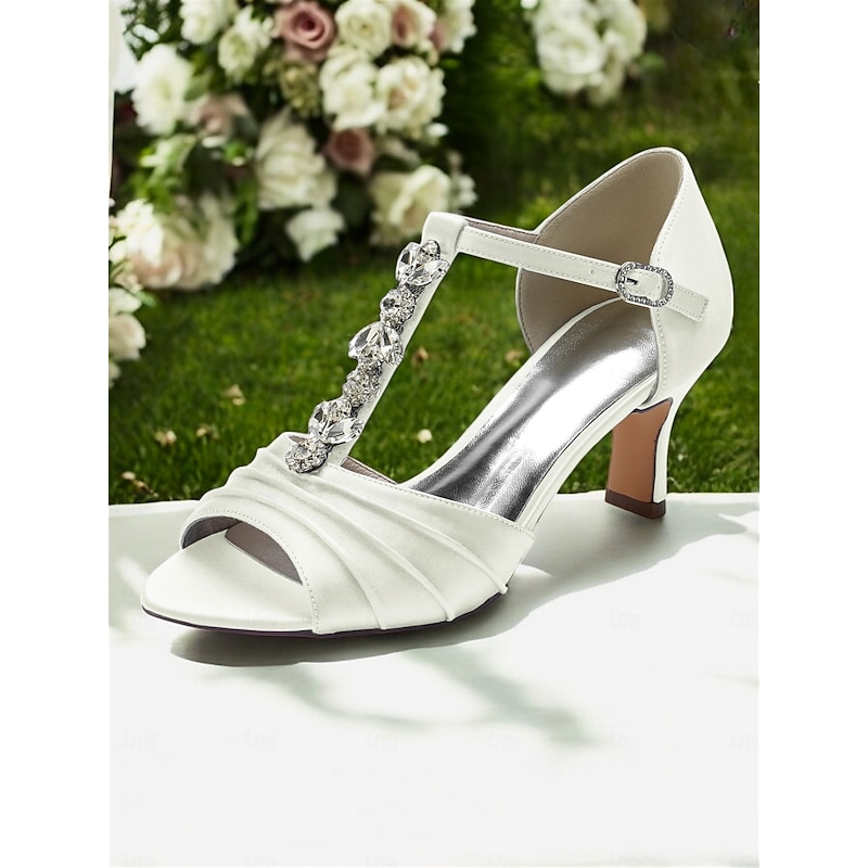 White Satin Open-Toe Bridal Heels with Crystal Detail – Elegant Wedding Shoes for Brides