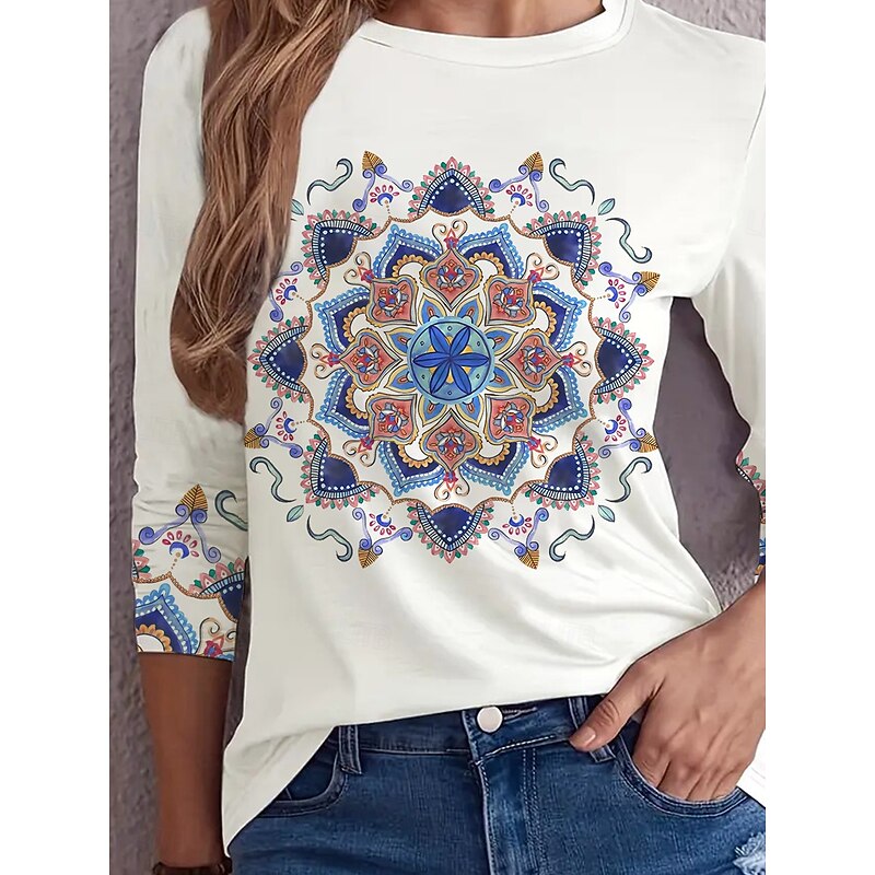 Women's T shirt Crew Neck Long Sleeve Tunic Letter Casual Round Neck Regular Tops Daily Weekend Print White Fall Winter2