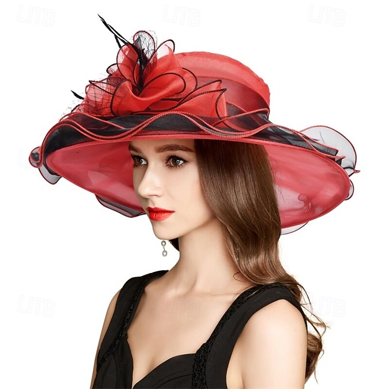 2025 Kentucky Derby Hat for Women Ladies, Organza Veil Feather Fascinator for Tea Party Church UV Protection Sun Hat4
