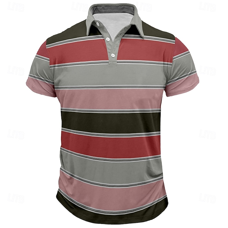 Men's Striped Rugby Polo Short Sleeve Polo Shirts Collared Shirts Casual School Outdoor Sports Daily Wear 3D Print Summer Spring Fall Yellow Red Blue3