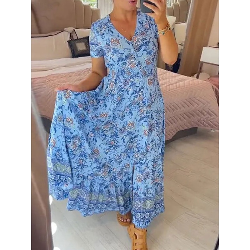 Women's Maxi Dress Casual Dress Boho Dress Elegant Stylish Casual Vacation Casual Daily Regular Fit Floral Short Sleeve V Neck Pink Navy Blue Purple Light Blue Summer Spring
