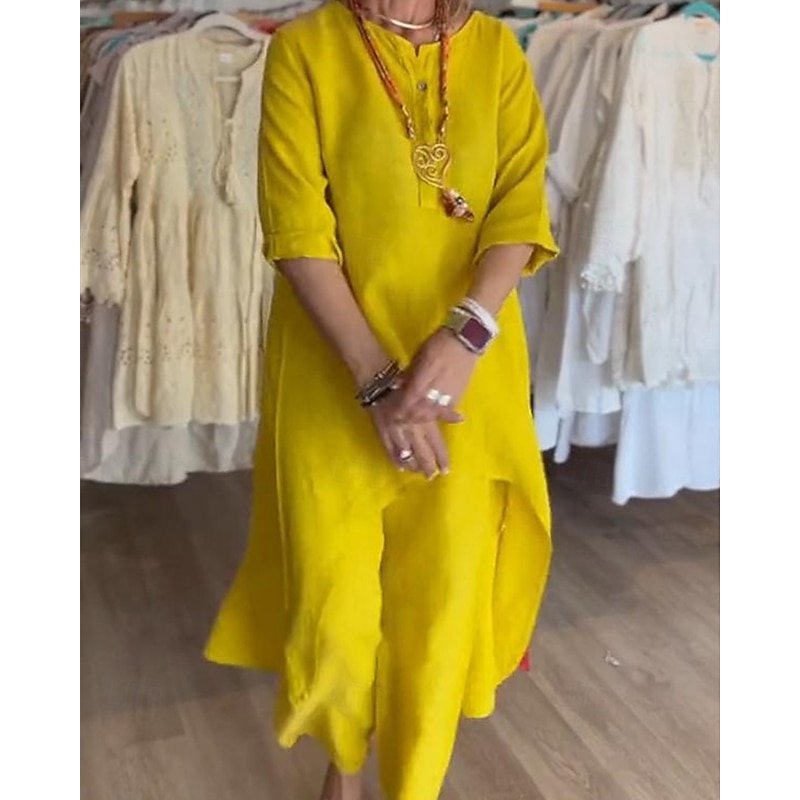 Women's Linen-Inspired Dresses Fashion Streetwear Daily Wear Date Regular Fit Solid Color Long Sleeve Crew Neck Yellow Green Light Grey Spring Fall