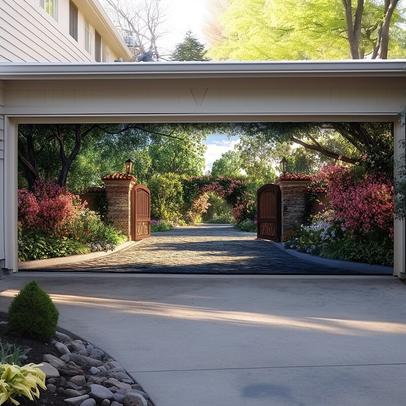 Landscape Garden Theme Door Decorations Garage Door Cover Outdoor Banner Large Backdrop for Holiday Outdoor Garage Door Home Wall Decorations