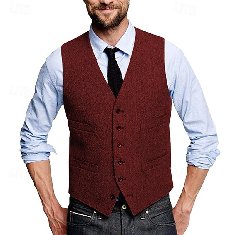 Men's Vest Waistcoat Gilet Vacation Daily Wedding Party Date Fashion Casual Spring Fall Buttons Pocket Polyester Comfortable Plain Single Breasted One-button V Neck Regular Fit Silver Black Red2