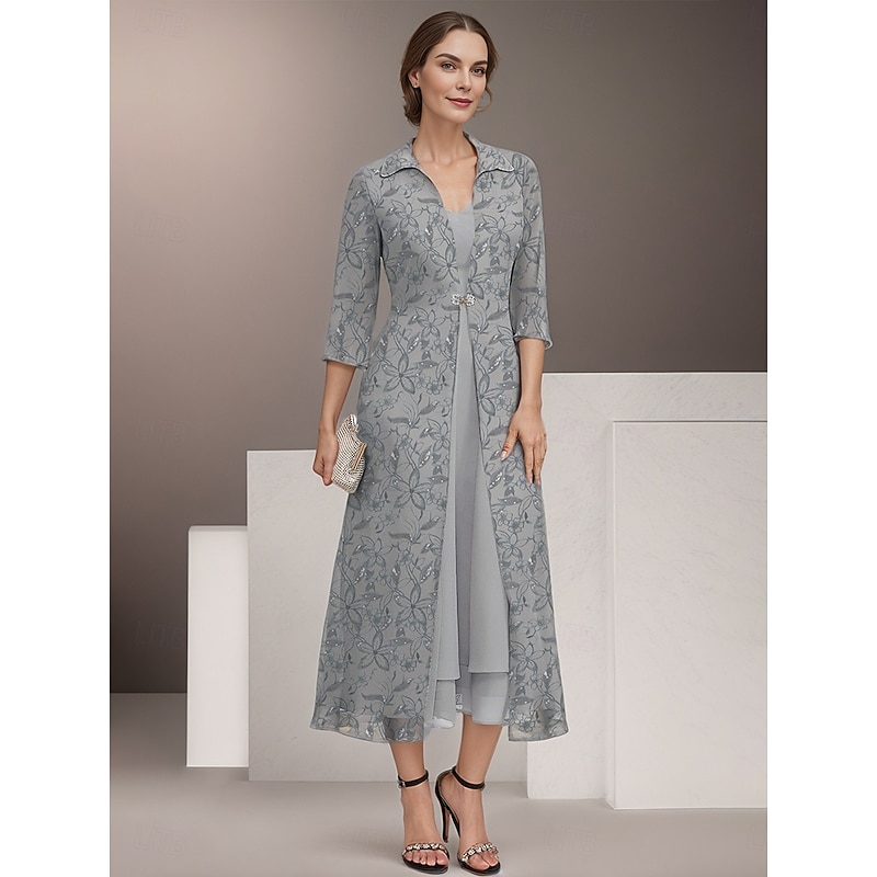 Two Piece Mother of the Bride Dress Elegant Vintage Shirt Collar Tea Length Chiffon 3/4 Length Sleeve Floral Lace Jacket Dresses