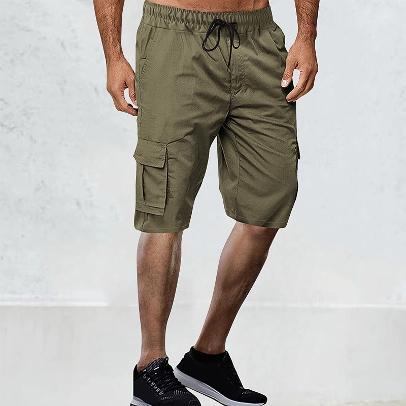 Men's Cargo Shorts Shorts Bermuda shorts Drawstring Elastic Waist Multi Pocket Plain Breathable Moisture Wicking Knee Length Outdoor Casual Running Fashion Streetwear Black Green Micro-elastic2
