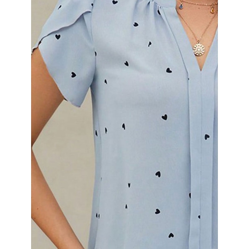 Women's Shirt Blouse Heart Elegant Daily Stylish Short Sleeve V Neck Regular Tops Work Daily Holiday Print Black Pink Beige Light Blue Summer Spring2