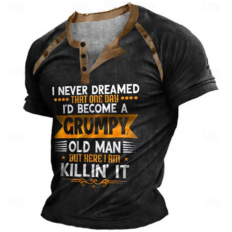 Birthday Mens Graphic Shirt Henley Tee Color Block Letter Clothing Apparel 3D Print Outdoor Casual Short Sleeve Patchwork Button Down Fashion Designer T-Shirt Black Cotton Grumpy Old Man Button-Down3