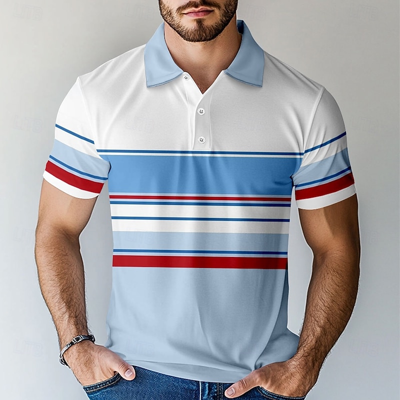 Men's Striped Rugby Polo Short Sleeve Polo Shirts Collared Shirts Casual School Outdoor Daily Wear Home Wear 3D Print Summer Spring Fall Blue
