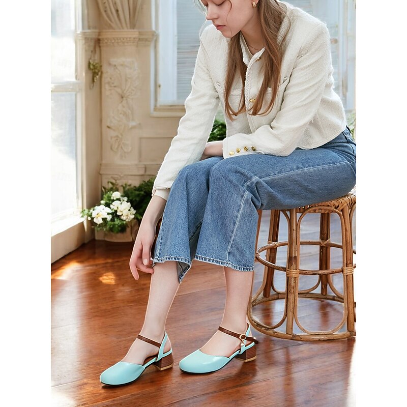 Women's Light Blue Two-Tone Ankle Strap Block Heel Pumps – Round Toe Closed-Toe Dress Shoes with Charm Pendant for Office & Casual Wear4