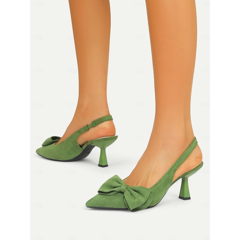 Women's Green Suede Slingback Heels – Pointed Toe Kitten Heels with Bow Detail, Elegant Pumps for Parties & Office Wear3