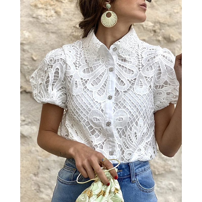 Women's Blouse Eyelet top Lace Tops Plain Daily Stylish Basic Short Sleeve Shirt Collar Regular Tops Work Daily Holiday Hollow Out Buttons White Rose Pink Spring Fall