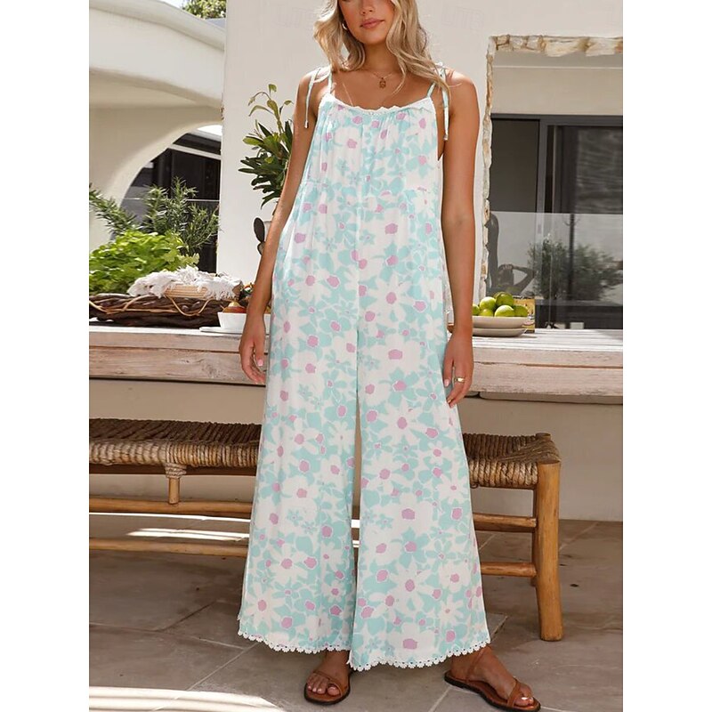 Women's Normal Jumpsuit Active Floral Sleeveless U Neck High Waist Vacation Daily Loose Fit Light Blue Summer