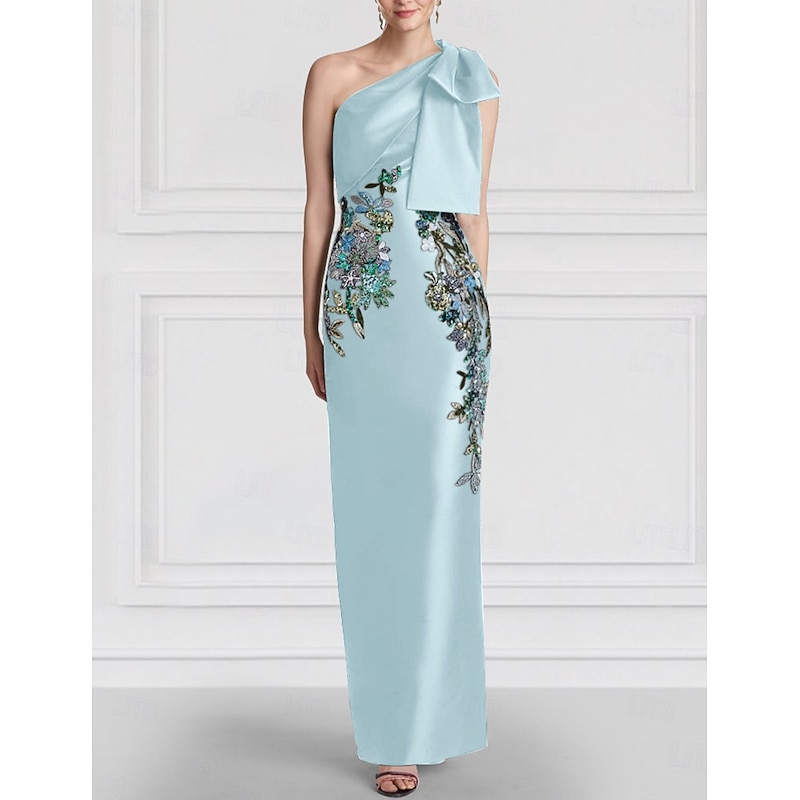 Black Floral Column Evening Gown Elegant Embroidered Dress Formal Wedding Floor Length Sleeveless One Shoulder Satin with Bow(s) Slit