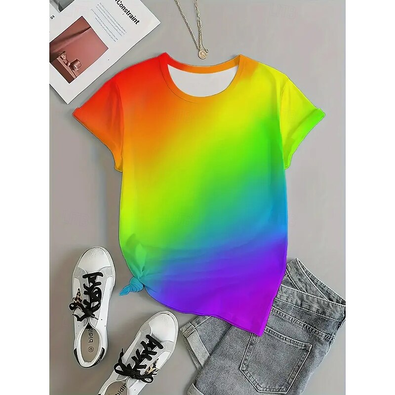 Women's T Shirt Summer Tops Graphic Color Gradient Classic Casual Short Sleeve Crew Neck Crop Tops Daily Weekend Print Rainbow Summer Spring Fall3