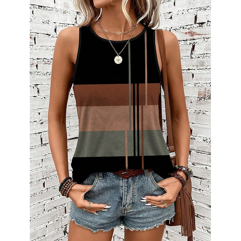Women's Camisole Tank Top Geometric Stylish Casual Sleeveless Crew Neck Regular Tops Daily Print Khaki Summer2