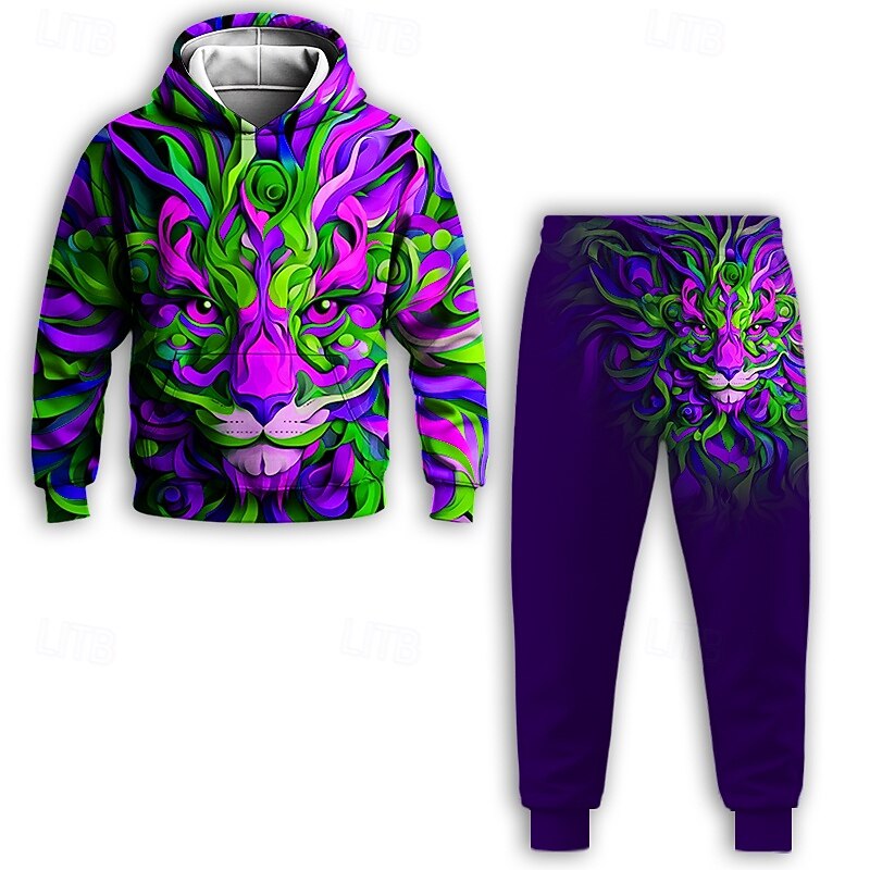 Boys 3D Graphic Animal Lion Hoodie & Sweatpants Set Sports Suit Tracksuits Long Sleeve Spring Fall Daily Basic Casual Kids 4-12 Years Hooded Outdoor Vacation Sports Tailored Fit4