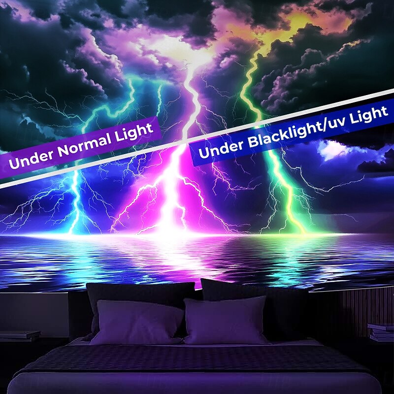 Blacklight Tapestry Glow in the Dark Glow Party UV Reactive Trippy Misty Lightning Nature Landscape Hanging Tapestry Wall Art Mural for Living Room Bedroom3