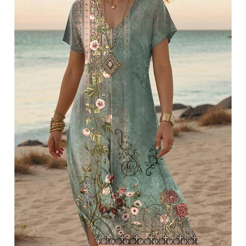 Women's Maxi Dress Casual Dress A Line Dress Stylish Casual Vacation Daily Regular Fit Floral Short Sleeve V Neck Red Blue Orange Green Summer Spring3