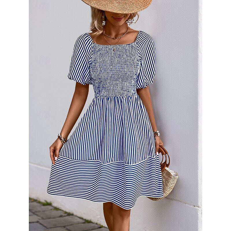 Women's Mini Dress Casual Dress A Line Dress Stylish Casual Vacation Daily Regular Fit Stripe Short Sleeve Square Neck Blue Summer