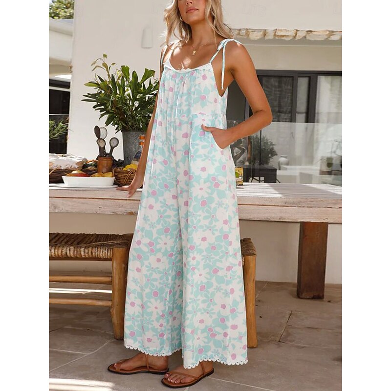 Women's Normal Jumpsuit Active Floral Sleeveless U Neck High Waist Vacation Daily Loose Fit Light Blue Summer4