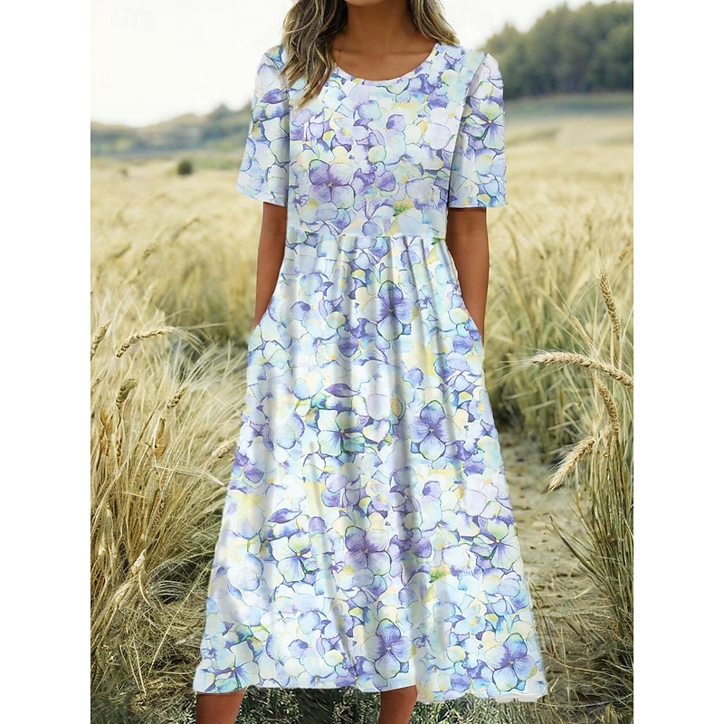 Women's Mini Dress Petite Dress T Shirt Dress Tee Dress A Line Dress Summer Dress Vacation Stylish Casual Vacation Daily Regular Fit Floral Graphic Short Sleeve Crew Neck Light Blue