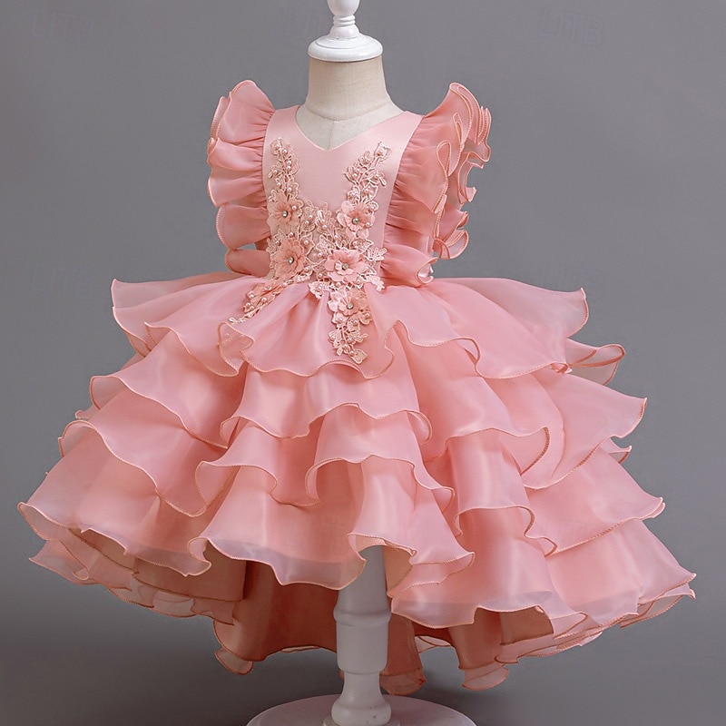 Kids Girls' Party Dress Floral Party Dress Asymmetrical Dress Wedding Mesh Crew Neck Half Sleeve Adorable Dress 4-13 Years Summer Blue4