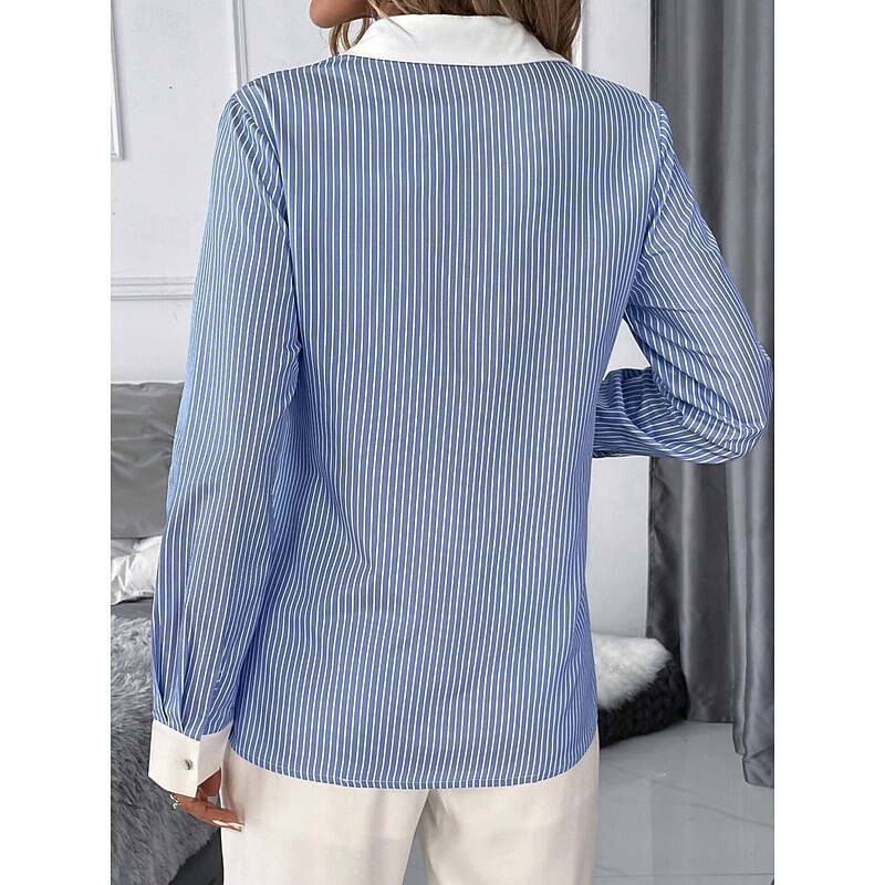 Women's Shirt Button Down Tunic Shirt Collar Long Sleeve Striped Casual Regular Tops Work Daily s Print Blue Spring Fall Winter2