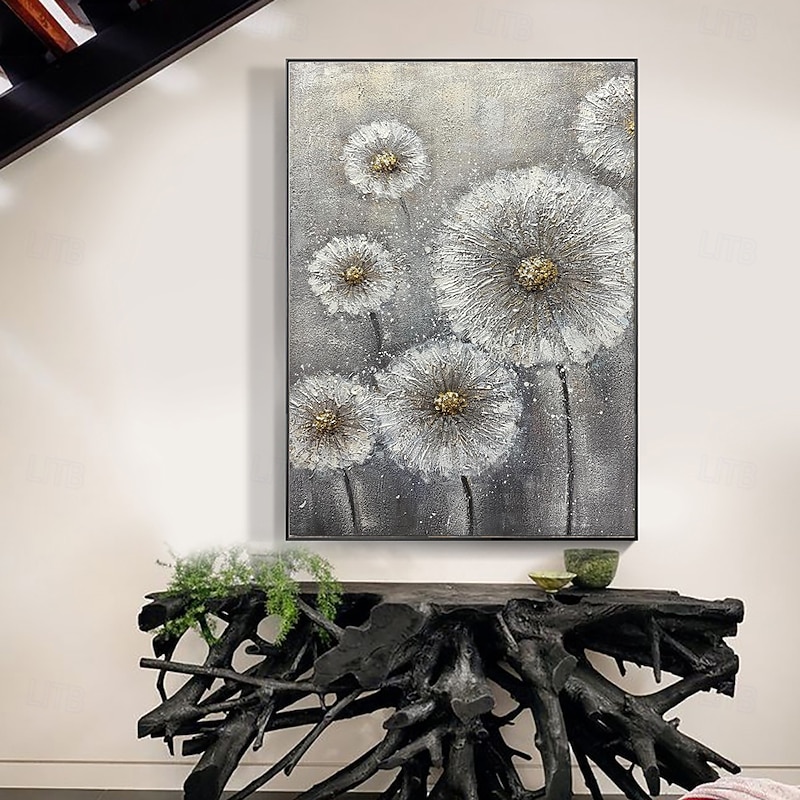 Handmade Oil Painting Canvas Acrylic Wall Art Decoration Abstract Gray Texture Dandelion Flowers for Living Room Home Decor Rolled Frameless Unstretched Painting4