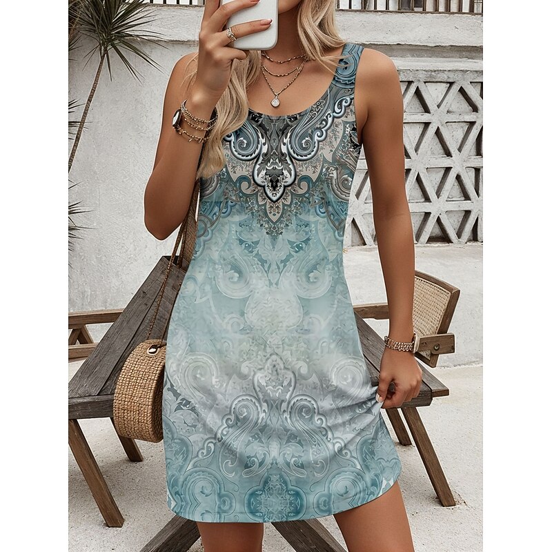 Women's Mini Dress Casual Dress Petite Dress Sundress Summer Dress Casual Vacation Daily Holiday Regular Fit Graphic Paisley Sleeveless Crew Neck Blue Summer2