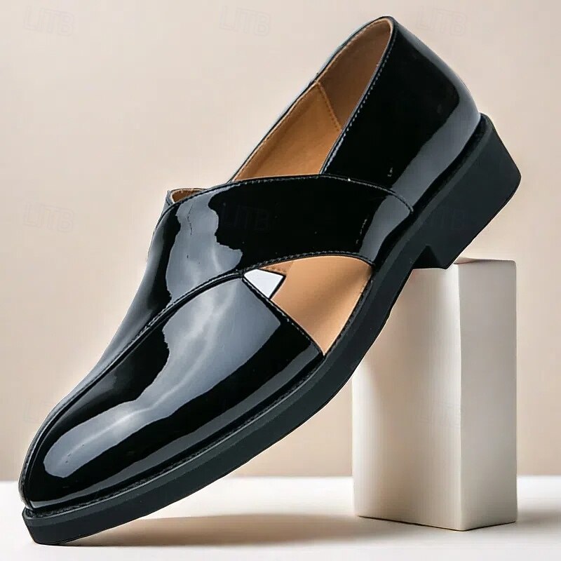 Men's Black Patent Leather Slip-On Loafers with Cross Strap Design – Comfortable and Stylish Casual Shoes for Office, Daily Wear and Formal Occasions