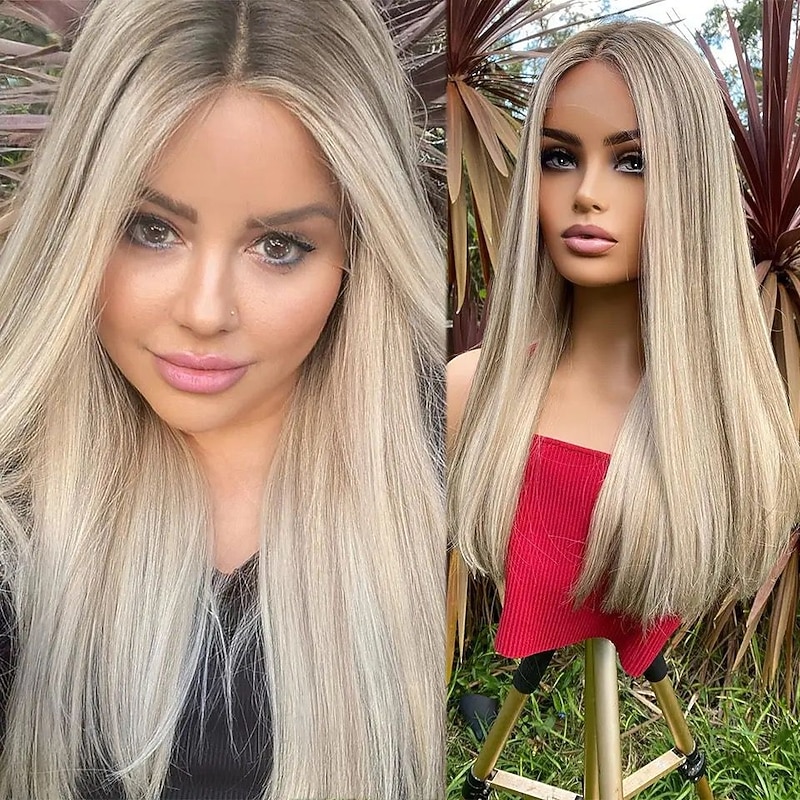 100% Virgin Remy Human Hair Ash Blonde Wig Ombre Highlighted Glueless 5x5 Closure Wigs Bone Straight 13x4 Lace Front Wig with Baby Hair Pre-Plucked For Women