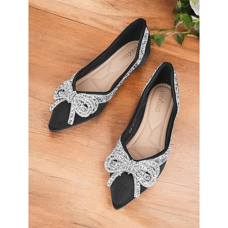 Black Flats with Rhinestone Bow Detail - Elegant Pointed Toe Shoes for Women - Comfortable for Weddings or Parties
