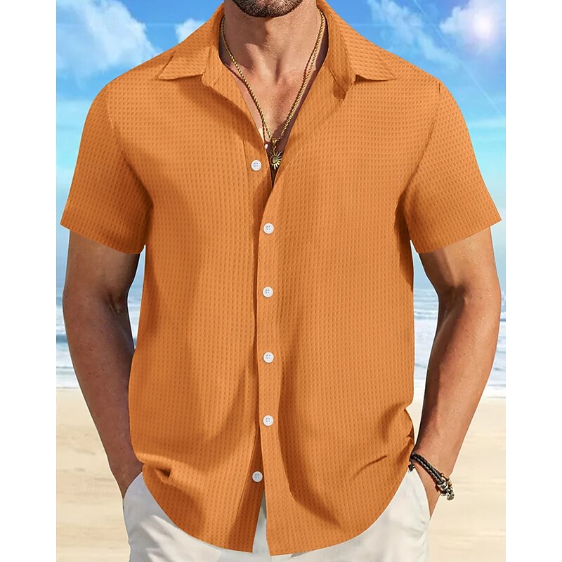 Men's Shirt Summer Shirt Casual Shirt Beach Shirt Button Up Shirt Waffle Knit Shirt Black White Pink Blue Orange Short Sleeve Plain Lapel Vacation Hawaiian Clothing Apparel Polyester Fashion Casual3