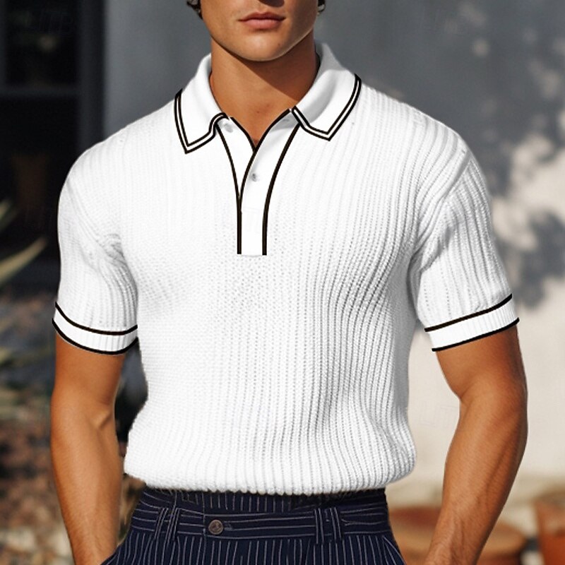 Men's Rib Knit Top Muscle Shirt Holiday Lapel Ribbed Polo Collar Short Sleeve Basic Modern Color Block Patchwork Pocket Spring & Summer Slim Fit White Burgundy Navy Blue Gray Light Blue Rib Knit Top