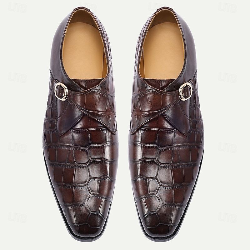 Men's Premium Brown Crocodile Leather Monk Strap Shoes with Buckle Detail, Formal Dress Shoes for Weddings, Business and Special Occasions4