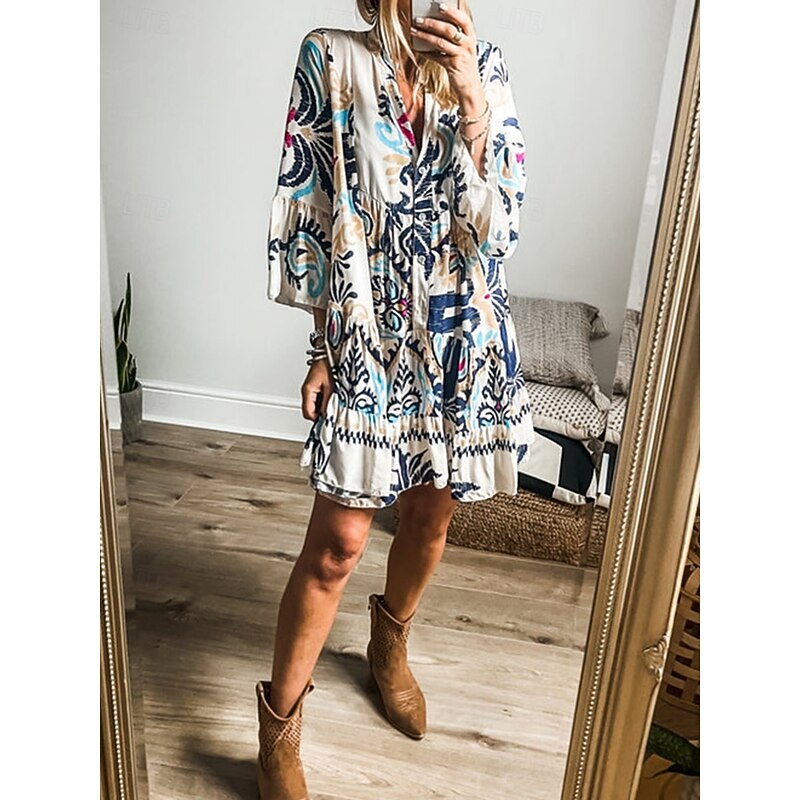 Women's Mini Dress Petite Dress Casual Dress Boho Dress Bohemia Vintage Ethnic Vacation Daily Regular Fit Floral Long Sleeve V Neck Blue Summer Spring3
