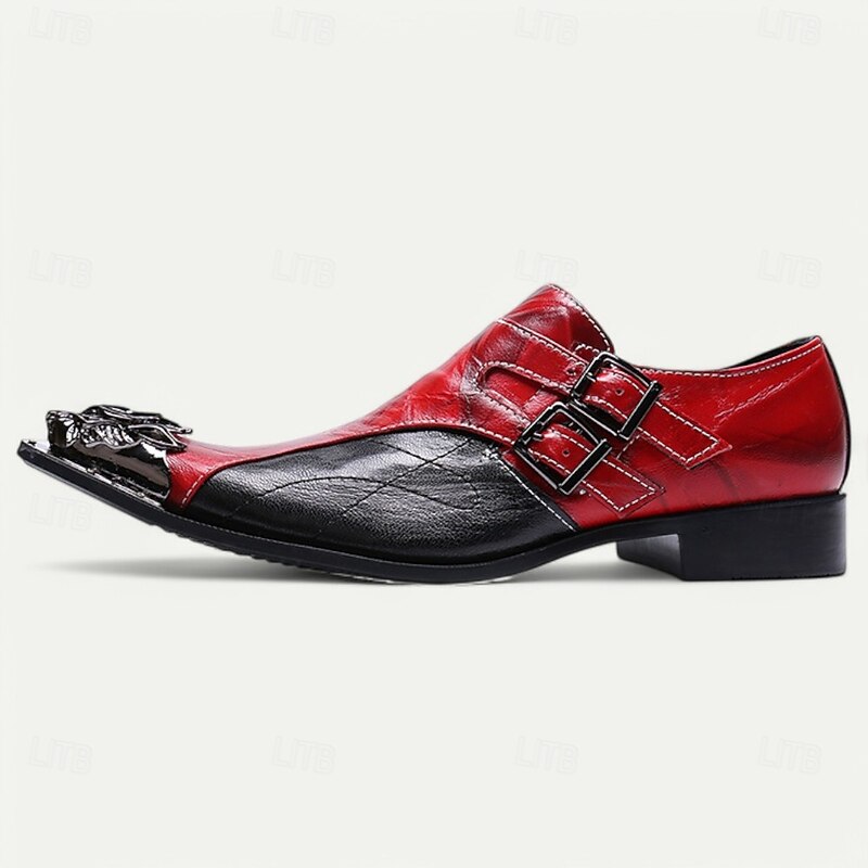 Men's Premium Cowhide Leather Double Buckle Loafers with Gold Tip Bold Red and Black Design and Lion Head Detail–Stylish Slip-On Shoes for Fashion-Forward Men and Special Occasions4