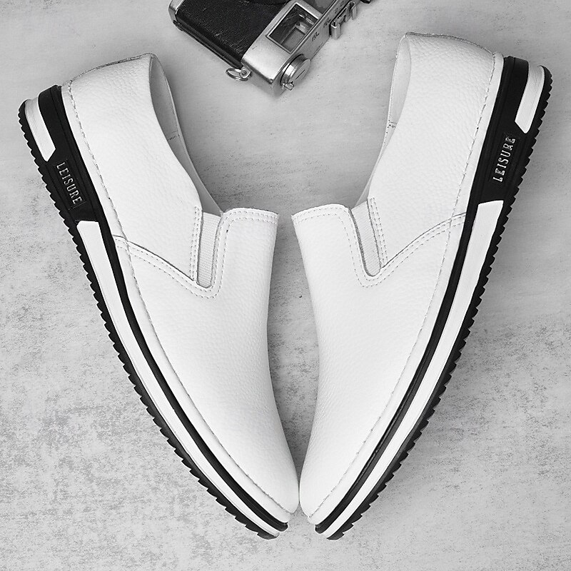 Men's Slip-On Faux Leather Sneakers, Casual White Shoes with Comfortable Rubber Sole, Stylish and Versatile Footwear for Everyday and Leisure Activities4