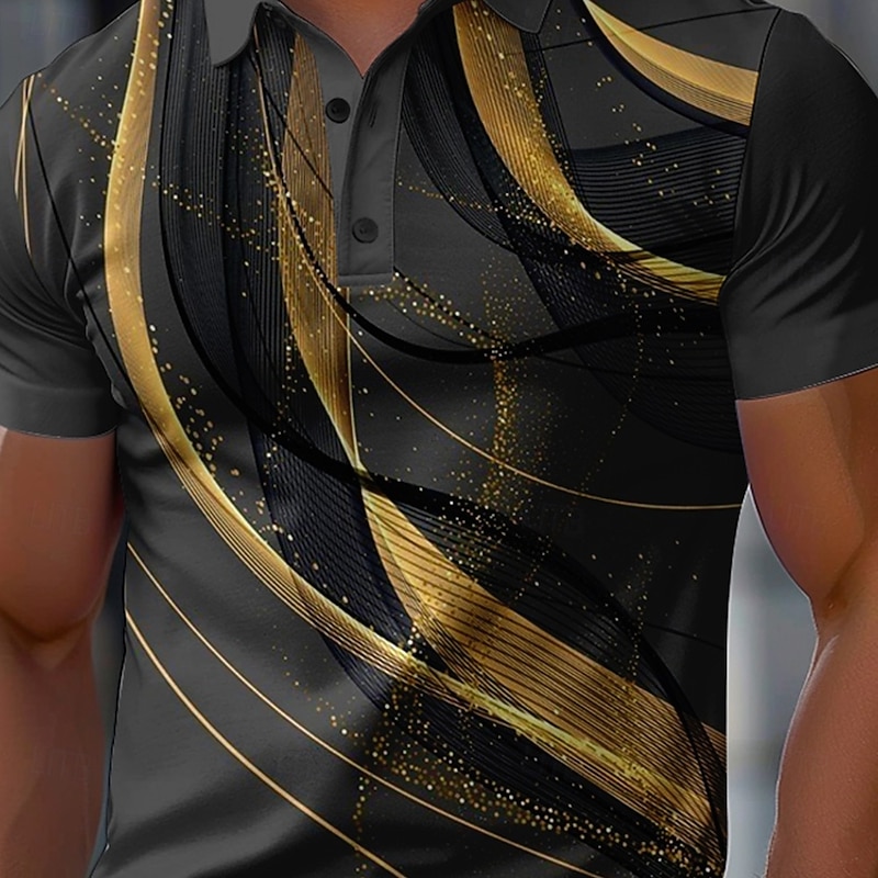 Men's Geometic Line Rugby Polo Short Sleeve Polo Shirts Collared Shirts Business Casual School Outdoor Athleisure Daily Wear 3D Print Summer Spring Fall Black2